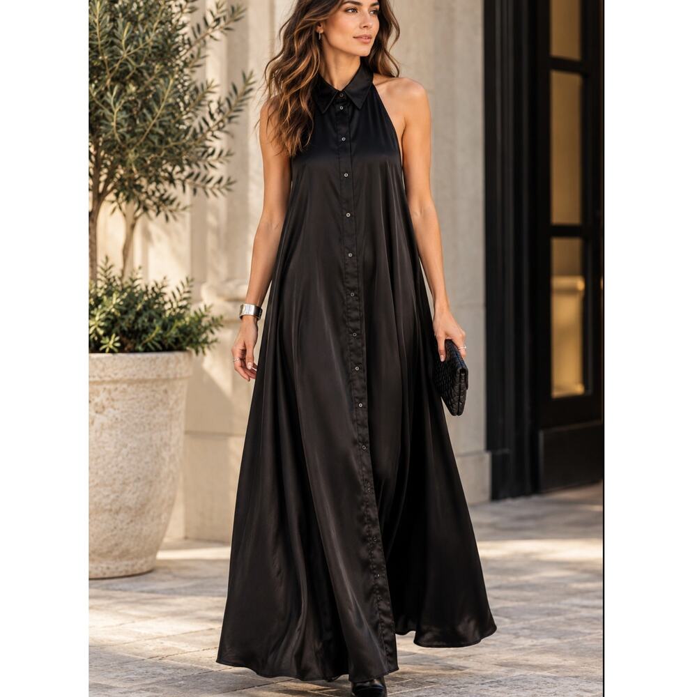 Zara Black Satin Halter Maxi Dress Size M Collared Button Front 90s Minimalist